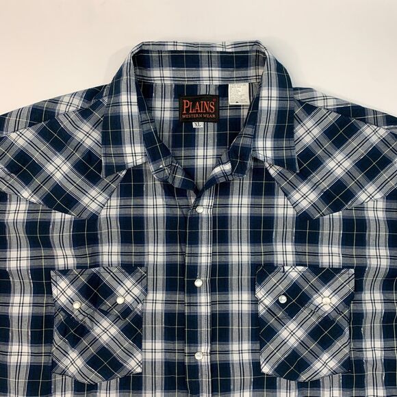 Plains Western Wear Shirt Mens XL Navy Silver Pearl Snap Button Plaid Cowboy - Picture 3 of 10